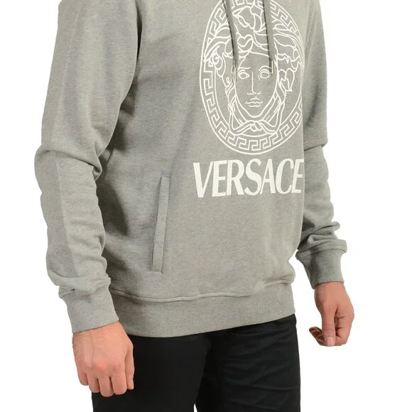 Versace Men's Gray & White Medusa Print Hooded Sweatshirt Hoodie US L IT 52